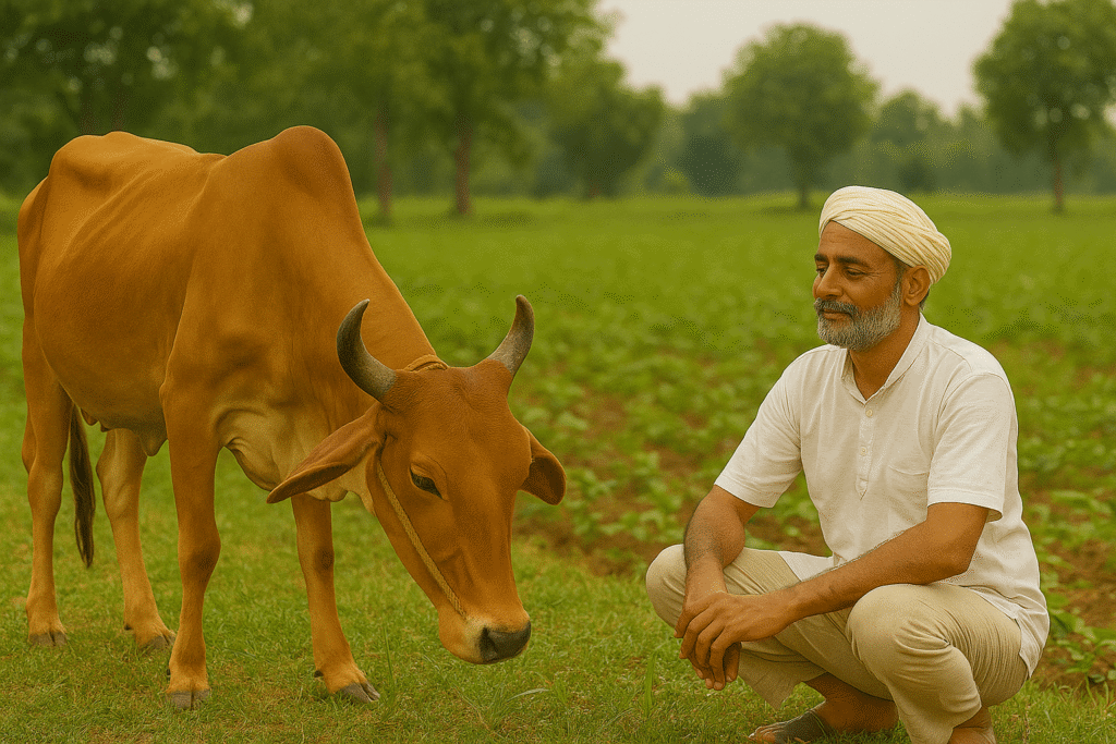 आयुर्वेदिक थीम में देसी गाय और भारतीय किसान का सुंदर दृश्य - swamipremanand.in